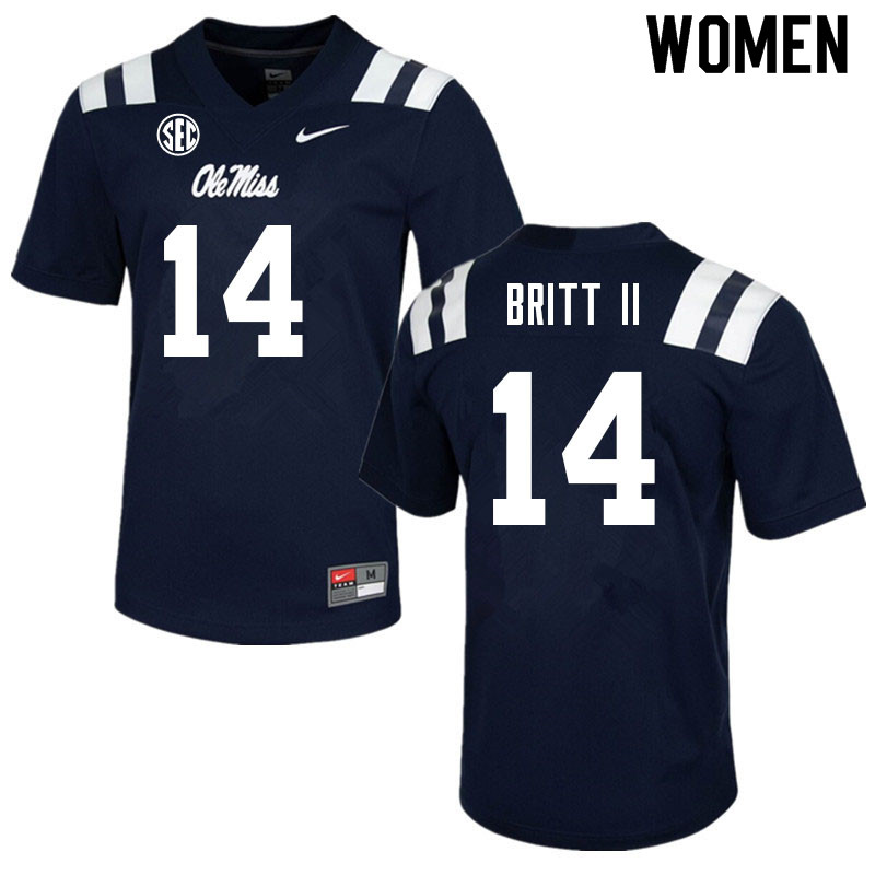 Women #14 Marc Britt II Ole Miss Rebels College Football Jerseys Sale-Navy